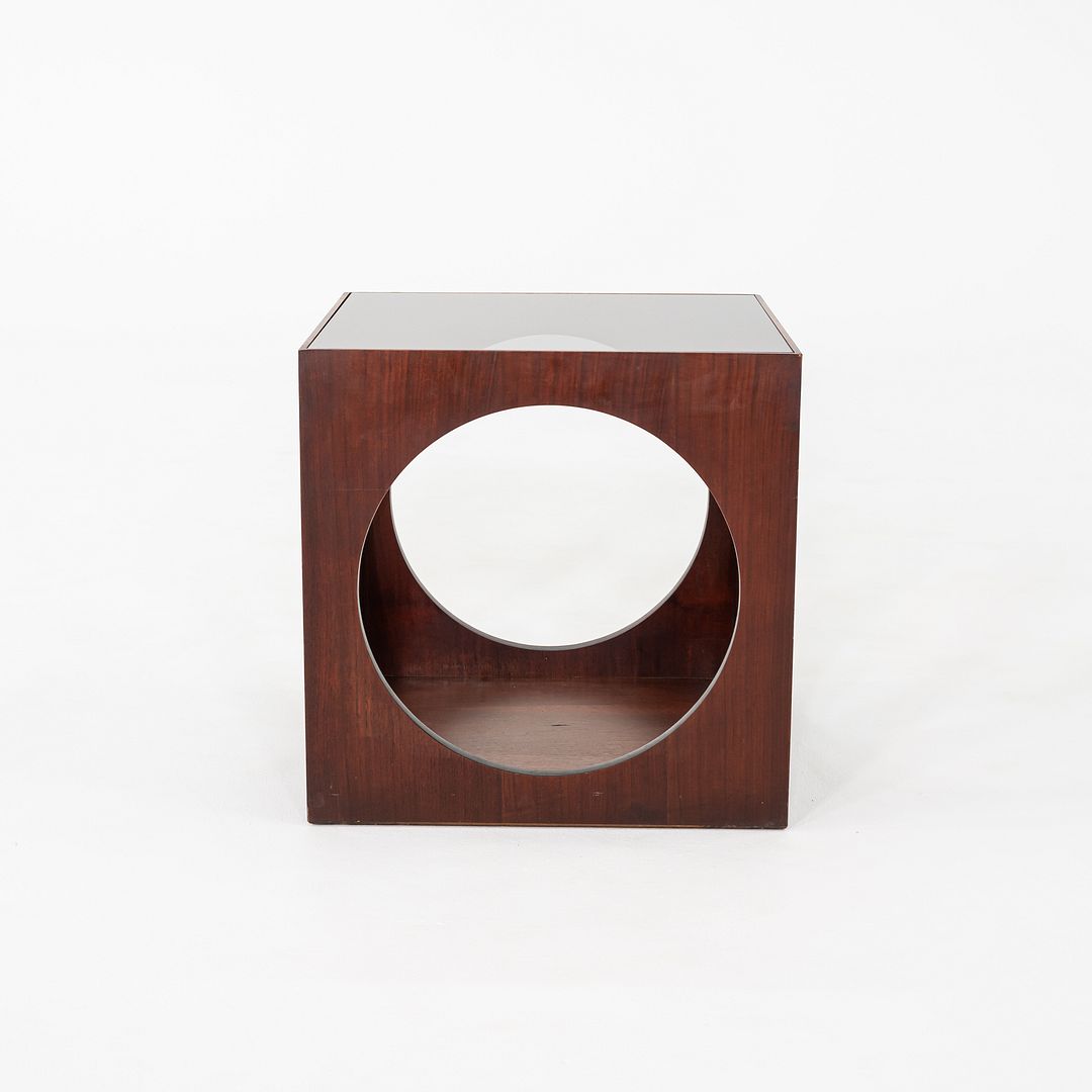 1969 Lane Walnut Cube End Table w/ Circle Motif & Smoked Glass Top Model 1121-95