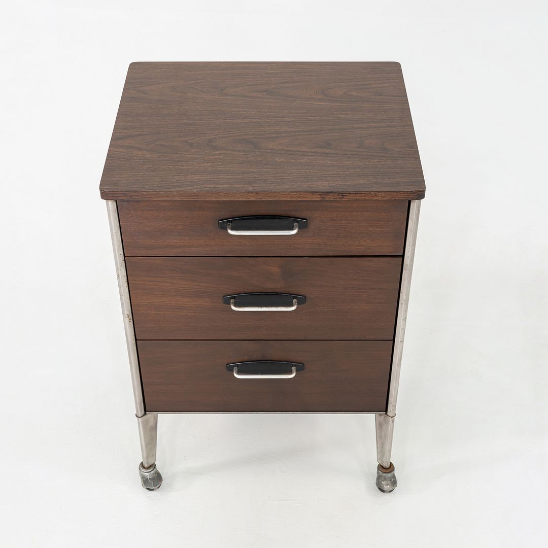 1950s Raymond Loewy for Hill Rom Rolling 3-Drawer Cabinet / Nightstand in Walnut