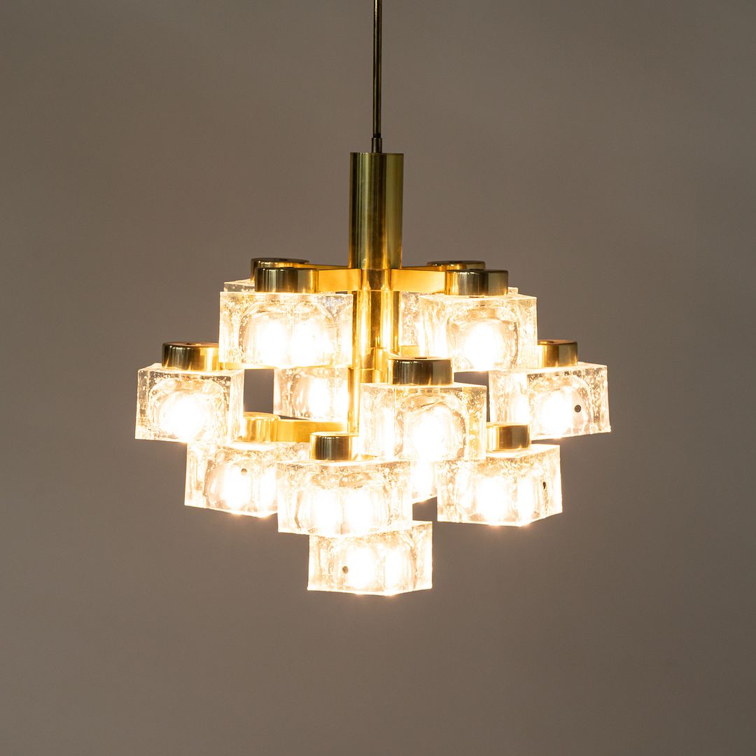 1970s Gaetano Sciolari for Lightolier Ice Cube Chandelier Glass & Brass 13 Bulbs