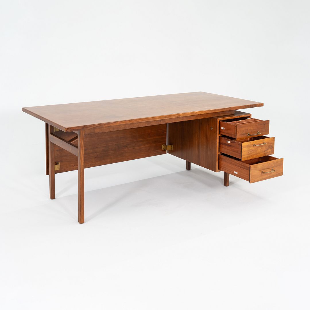 1970s Jens Risom Design Executive Desk in Walnut and Brass with Three Drawers