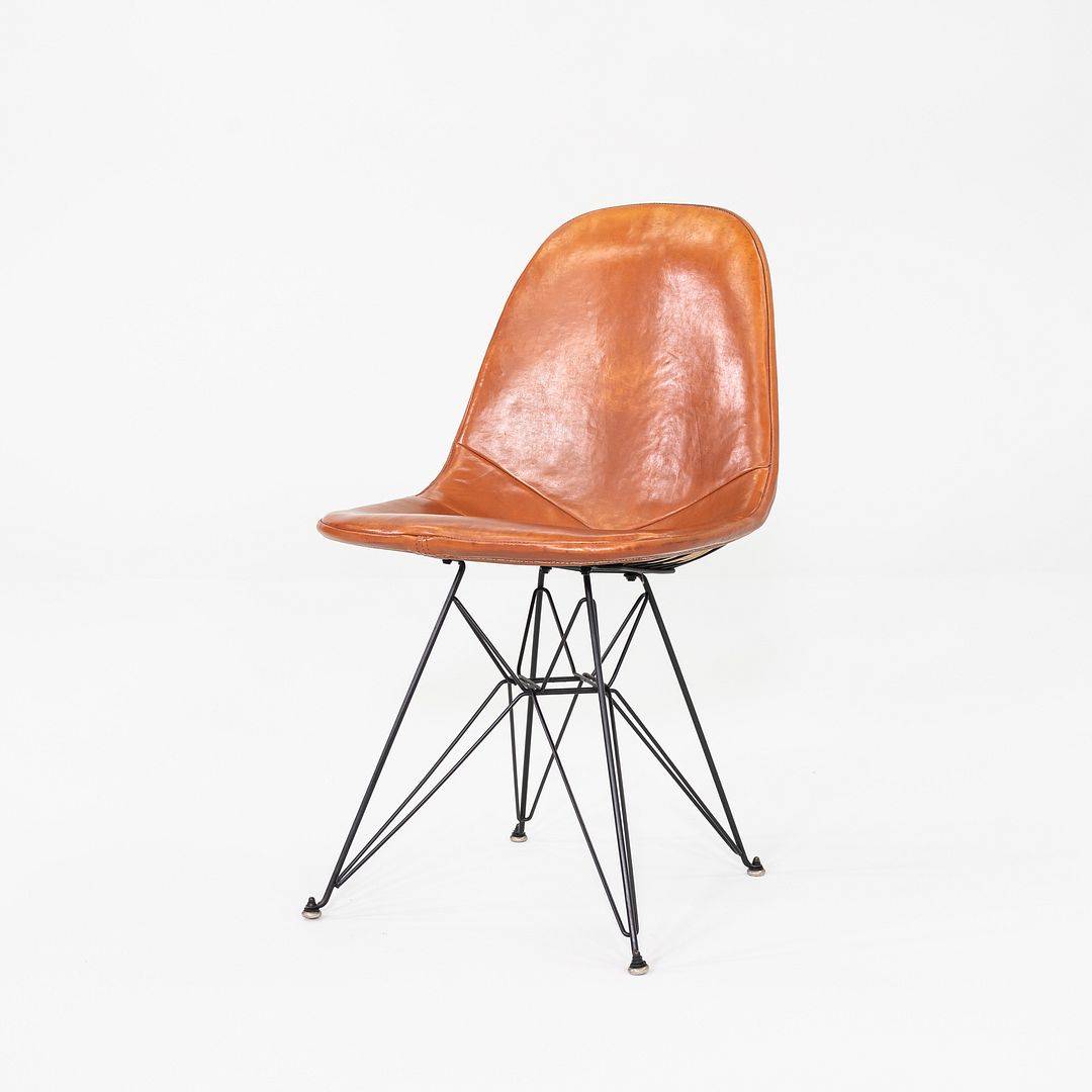 C. 1952 Herman Miller Eames DKR-1 Wire Dining Side Chair with Cognac Leather