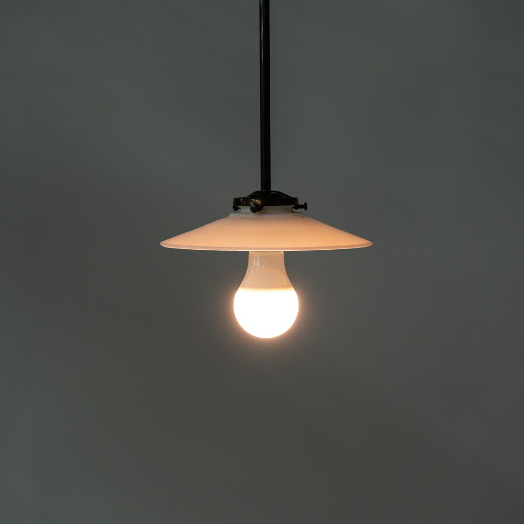 1930s Danish Opalescent Industrial Milk Glass Disc Pendant Lamp 7.75 Inches