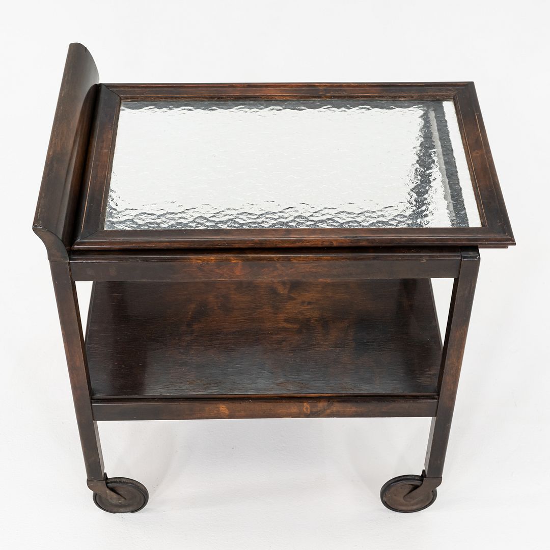 1920s Antique Art Deco Birch Bar Cart w/ Wave Glass Top & Lower Shelf on Wheels