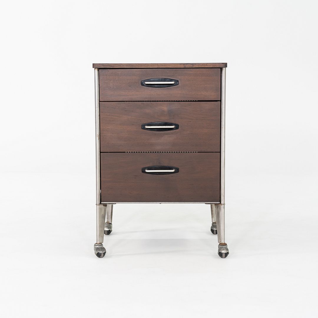 1950s Raymond Loewy for Hill Rom Rolling 3-Drawer Cabinet / Nightstand in Walnut