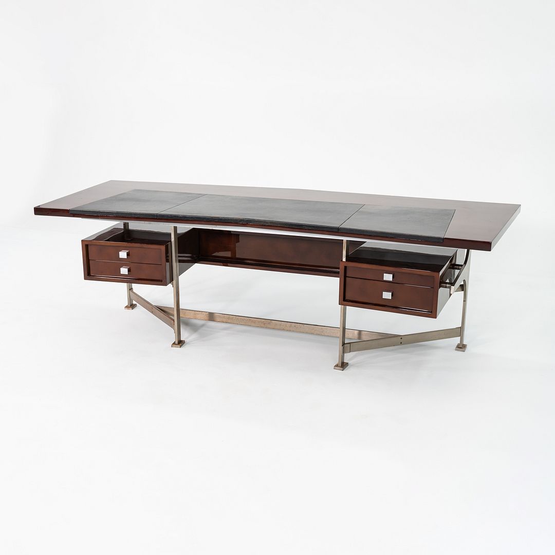 1960s Jules Leleu for Maison Leleu Executive Desk in Lacquered Wood & Stainless