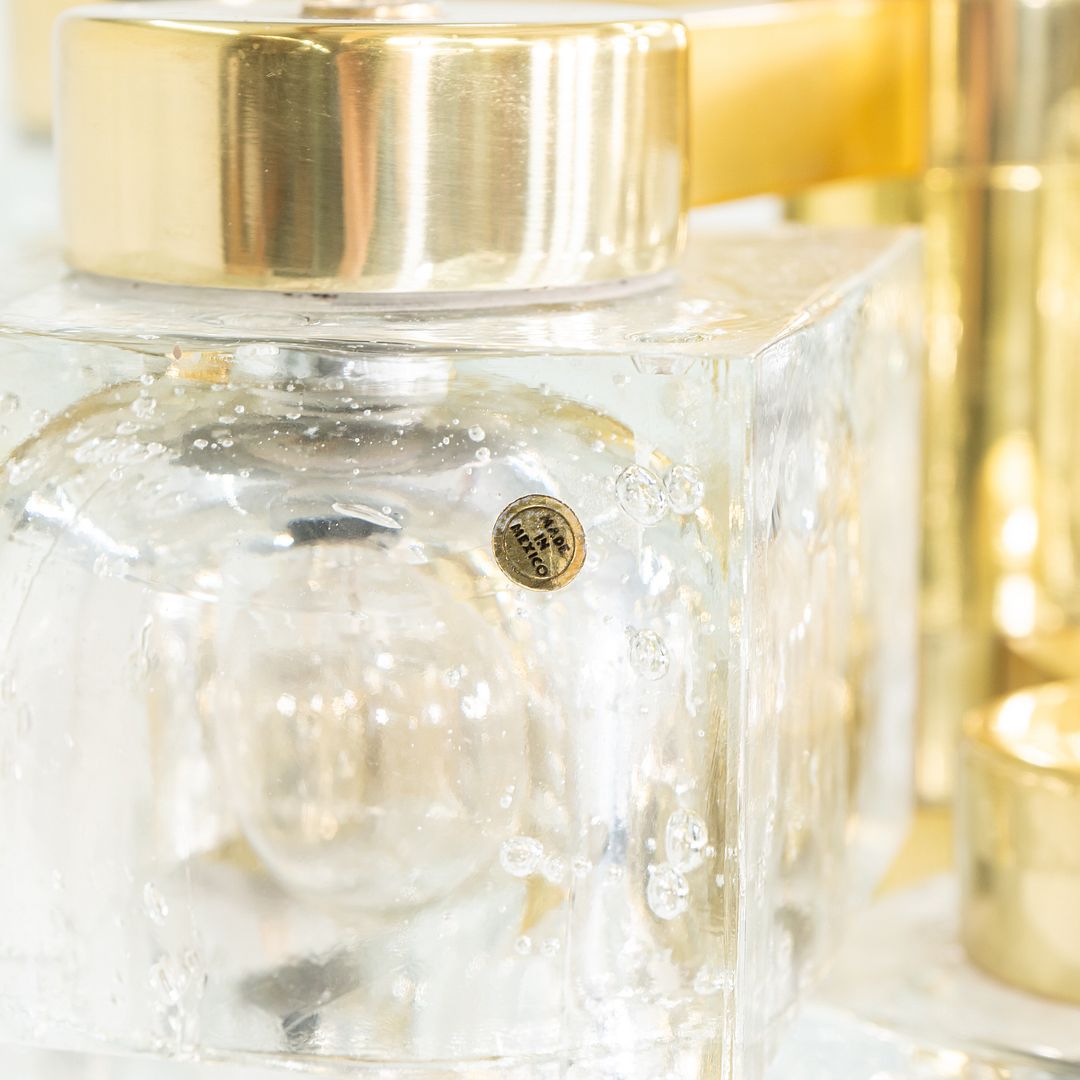 1970s Gaetano Sciolari for Lightolier Ice Cube Chandelier Glass & Brass 9 Bulbs