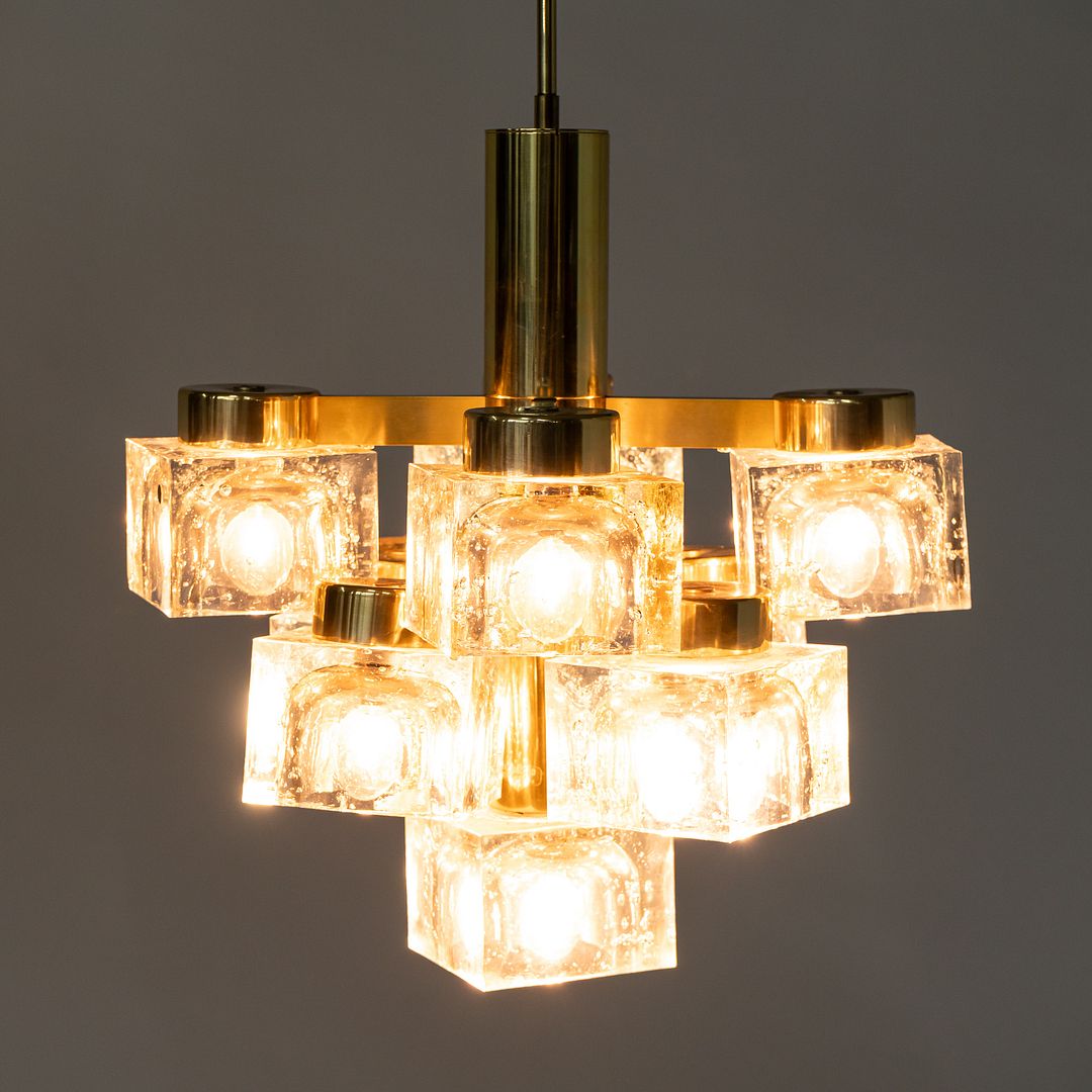1970s Gaetano Sciolari for Lightolier Ice Cube Chandelier Glass & Brass 9 Bulbs