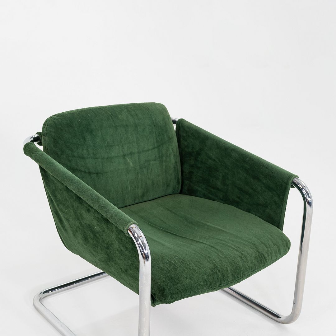 1970s Thonet Sling Lounge Chair Chromed Tubular Steel w/ Green Fabric Upholstery