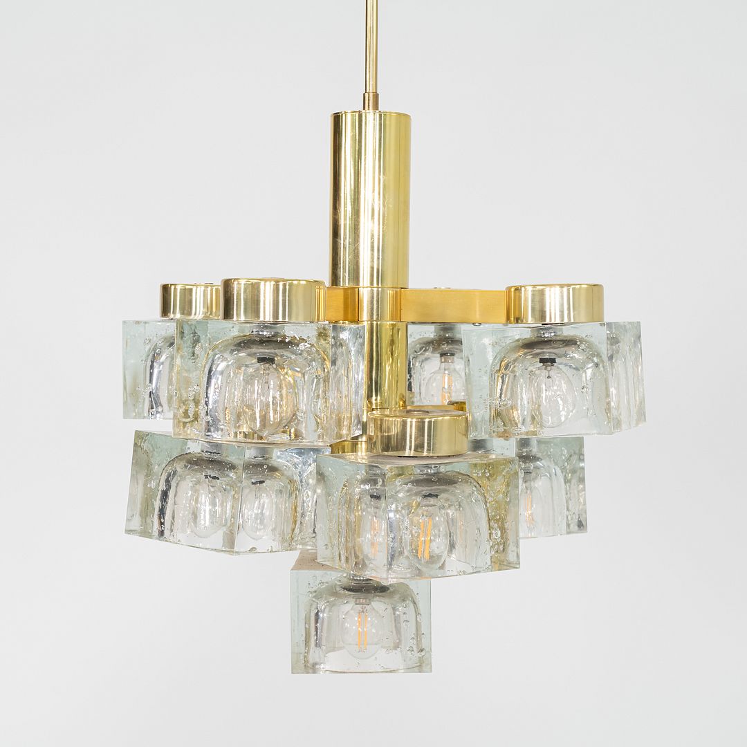 1970s Gaetano Sciolari for Lightolier Ice Cube Chandelier Glass & Brass 9 Bulbs