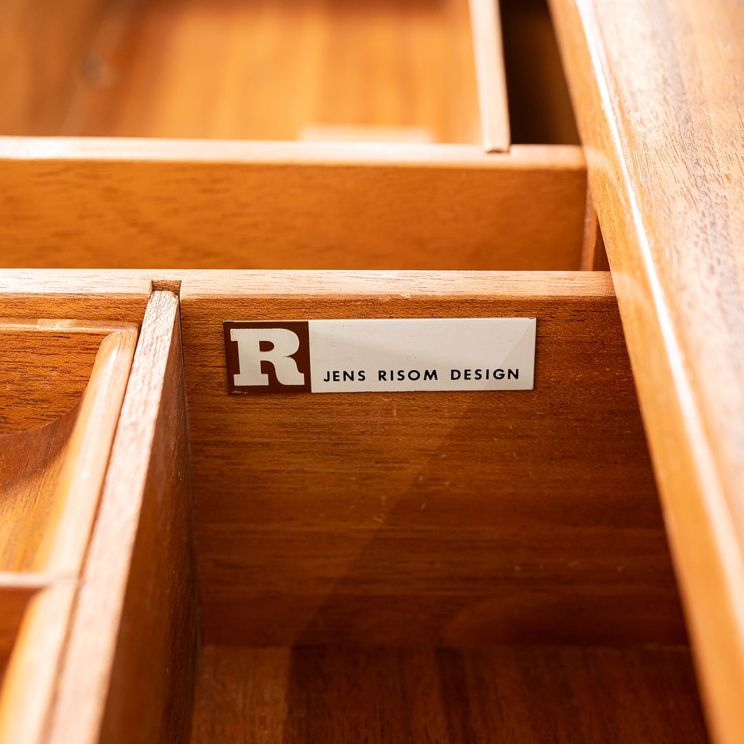 1970s Jens Risom Design Credenza / Cabinet in Walnut and Brass 72x20 inches