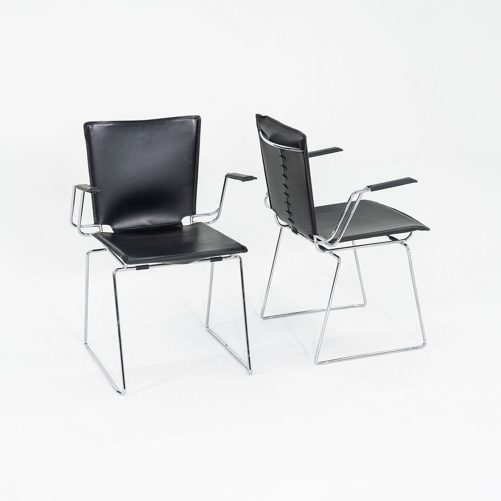 SOLD 1980s Pair of Hiroyuki Toyoda for ICF Dining Arm Chairs in Black Leather & Steel