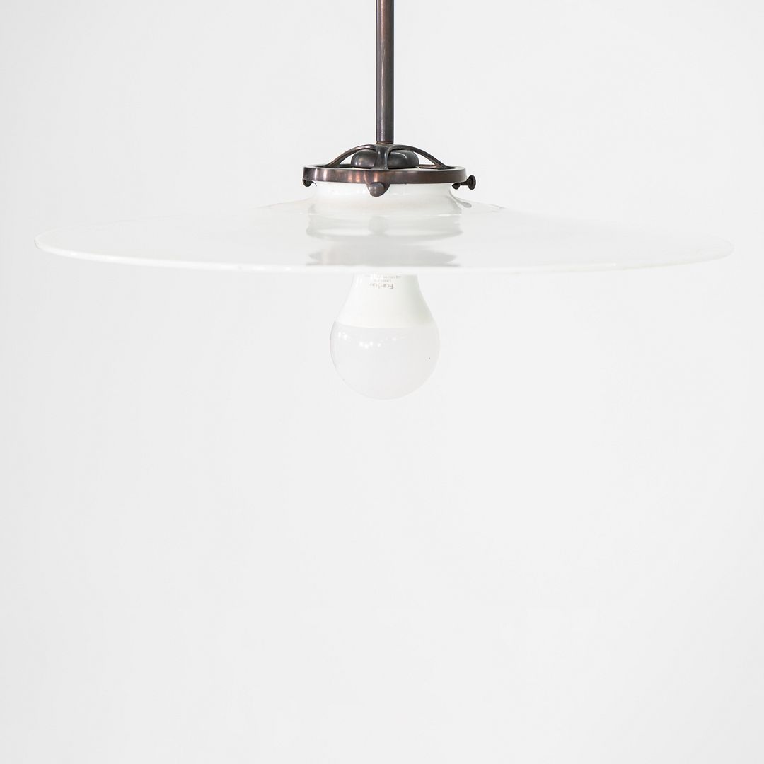 1930s Danish Opalescent Industrial Milk Glass Disc Pendant Lamp 14.5 Inches