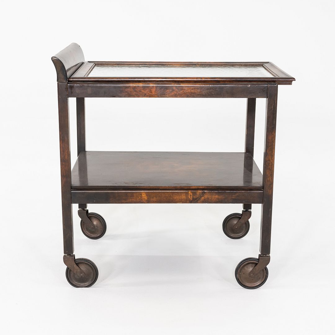 1920s Antique Art Deco Birch Bar Cart w/ Wave Glass Top & Lower Shelf on Wheels