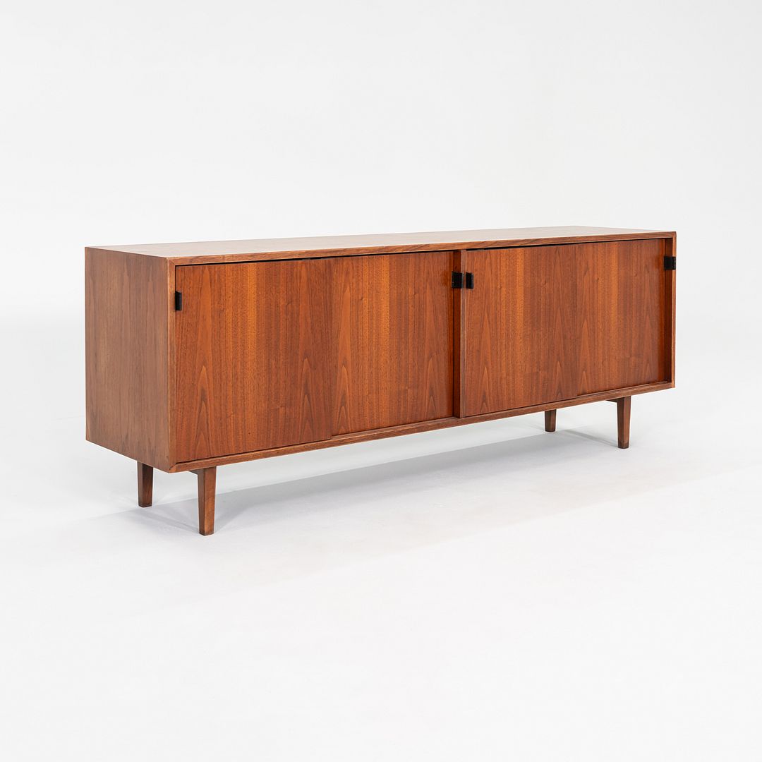 1950s Florence Knoll Credenza in Solid Walnut with Leather Pulls and Walnut Legs