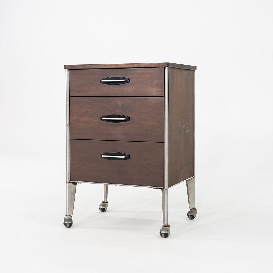 1950s Raymond Loewy for Hill Rom Rolling 3-Drawer Cabinet / Nightstand in Walnut