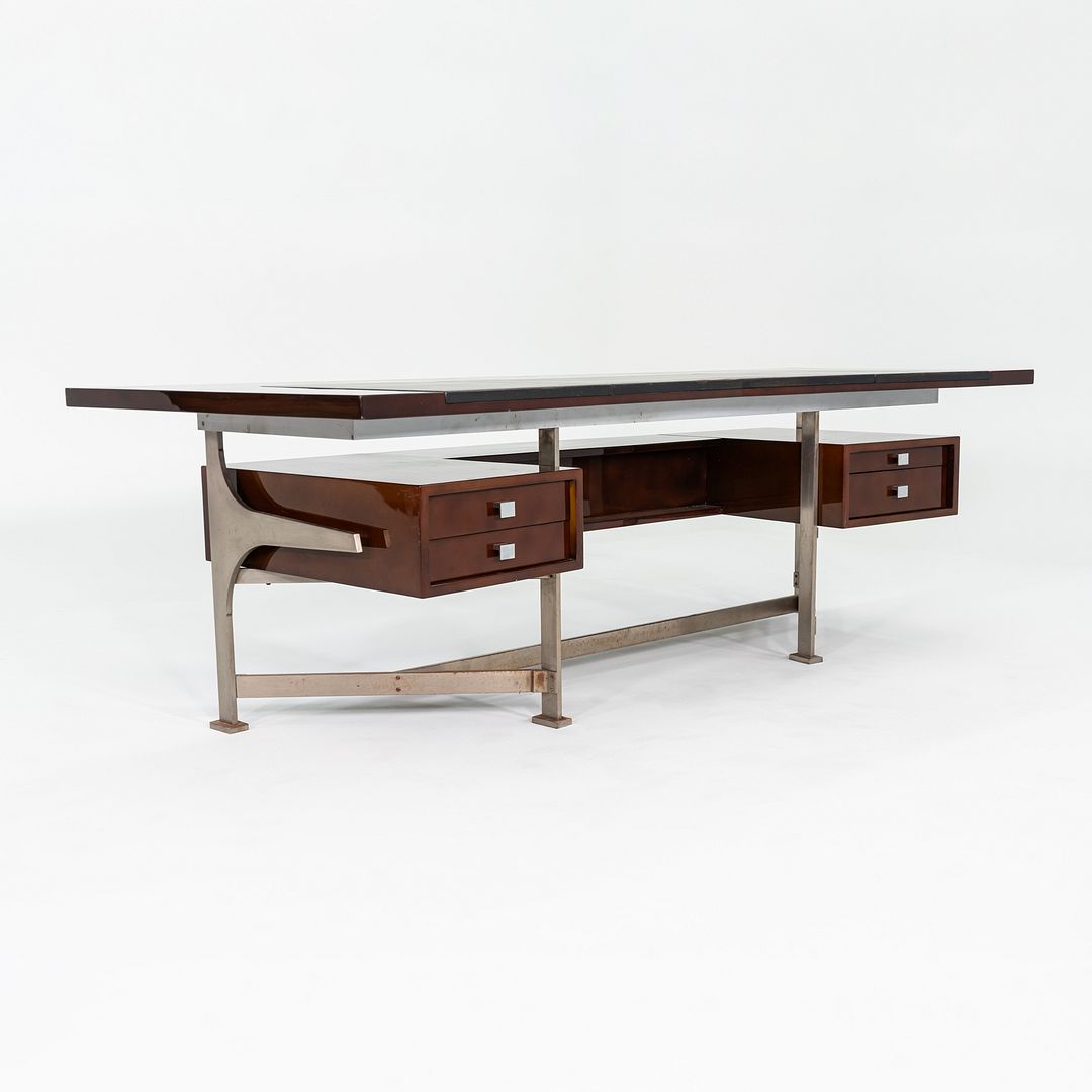 1960s Jules Leleu for Maison Leleu Executive Desk in Lacquered Wood & Stainless