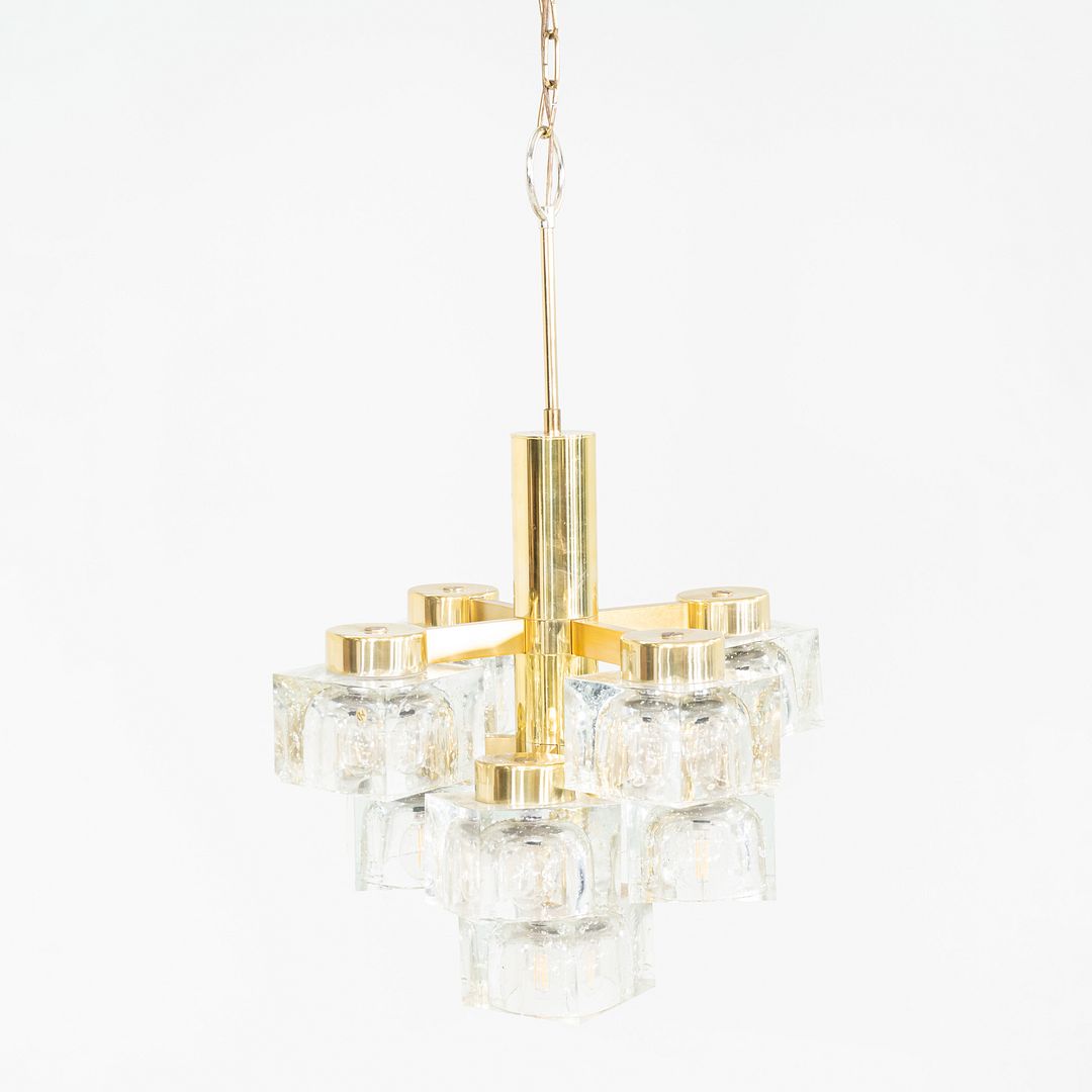 1970s Gaetano Sciolari for Lightolier Ice Cube Chandelier Glass & Brass 9 Bulbs