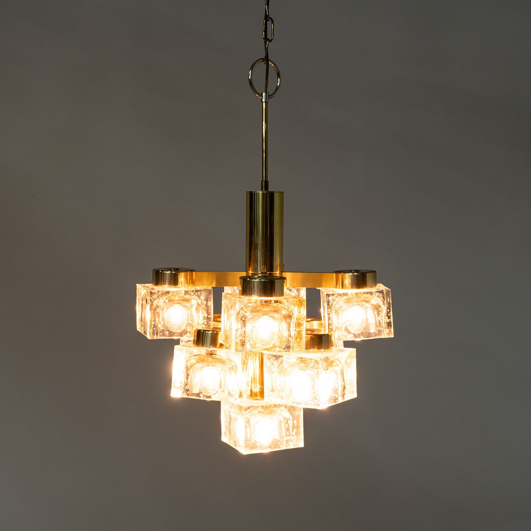 1970s Gaetano Sciolari for Lightolier Ice Cube Chandelier Glass & Brass 9 Bulbs