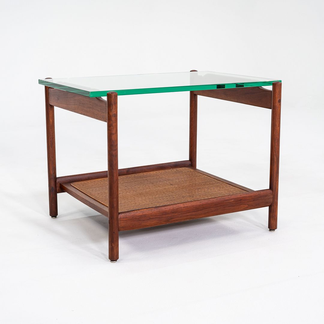 1960s Jack Cartwright for Founders Side or End Table in Walnut, Cane, and Glass