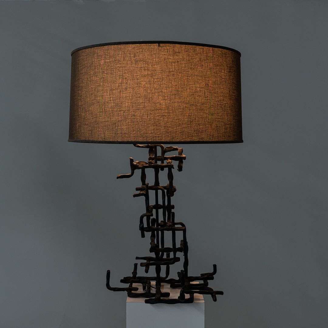 1960s Marcello Fantoni Patinated Steel Table Lamp with Grey Drum Shade
