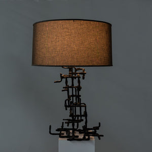 1960s Marcello Fantoni Patinated Steel Table Lamp with Grey Drum Shade