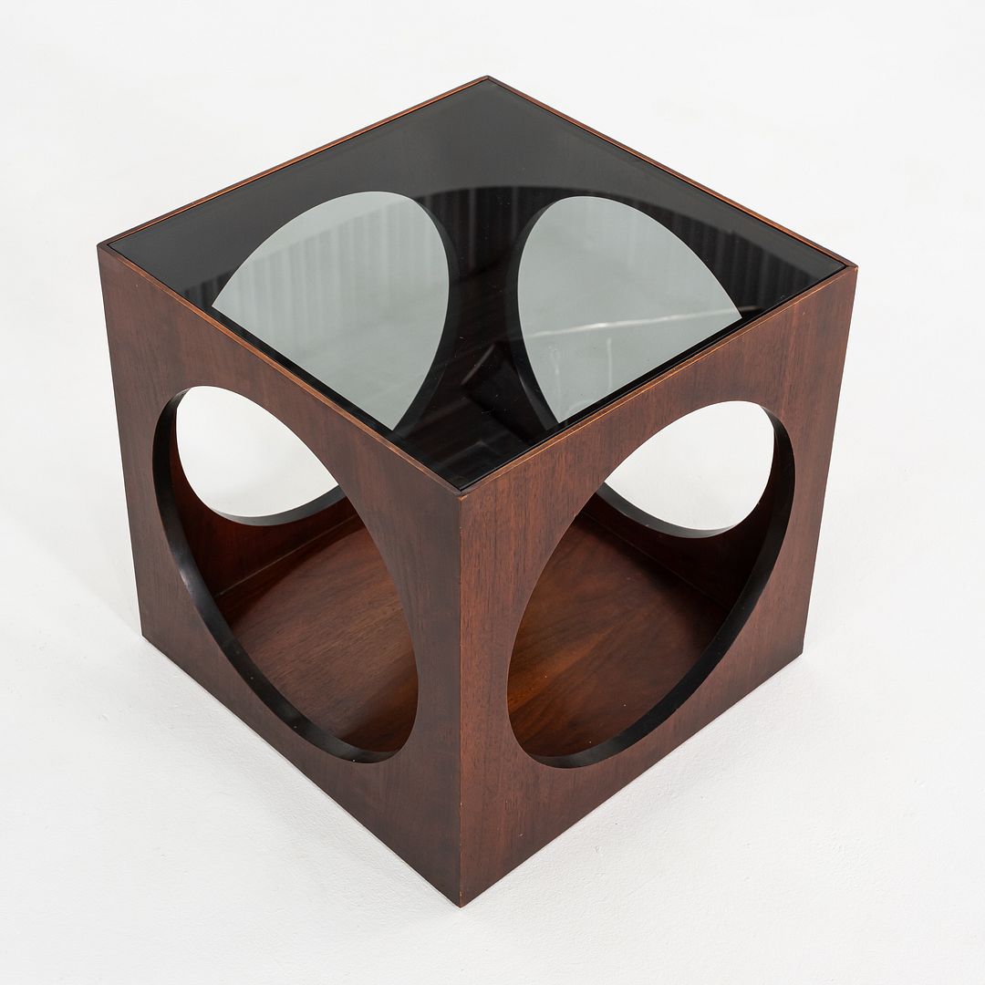 1969 Lane Walnut Cube End Table w/ Circle Motif & Smoked Glass Top Model 1121-95