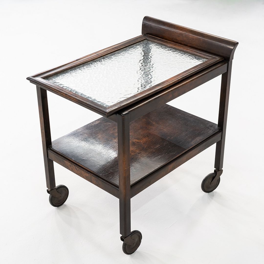 1920s Antique Art Deco Birch Bar Cart w/ Wave Glass Top & Lower Shelf on Wheels