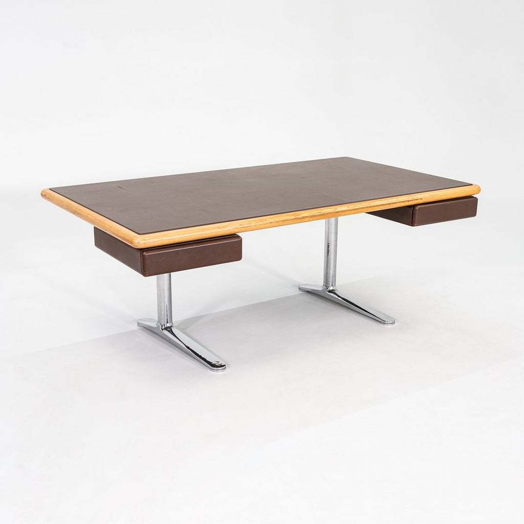 1979 Warren Platner for Knoll Executive Desk in Leather, Oak, and Chromed Steel