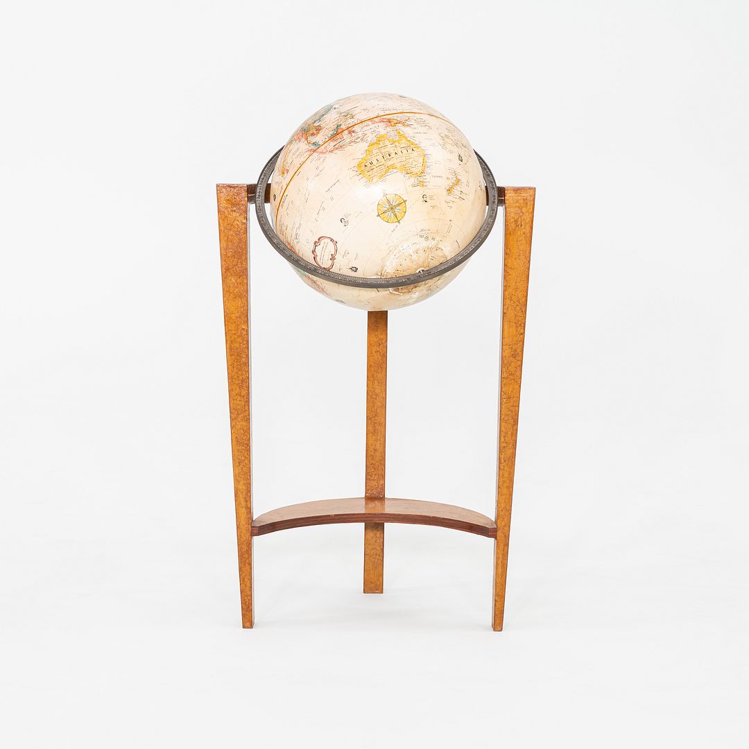 SOLD 1940s Replogle Globe Mounted on Classic Wooden Demilune Stand with Curved Base