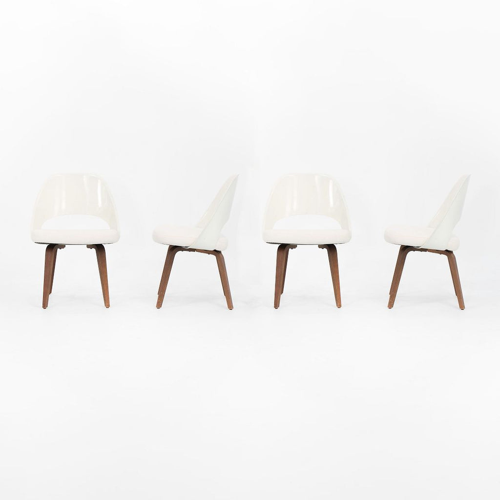 1950s Set of Four Executive Side Chairs with Fiberglass Back and Wood Legs, Model 72C, by Eero Saarinen for Knoll with New White Fabric
