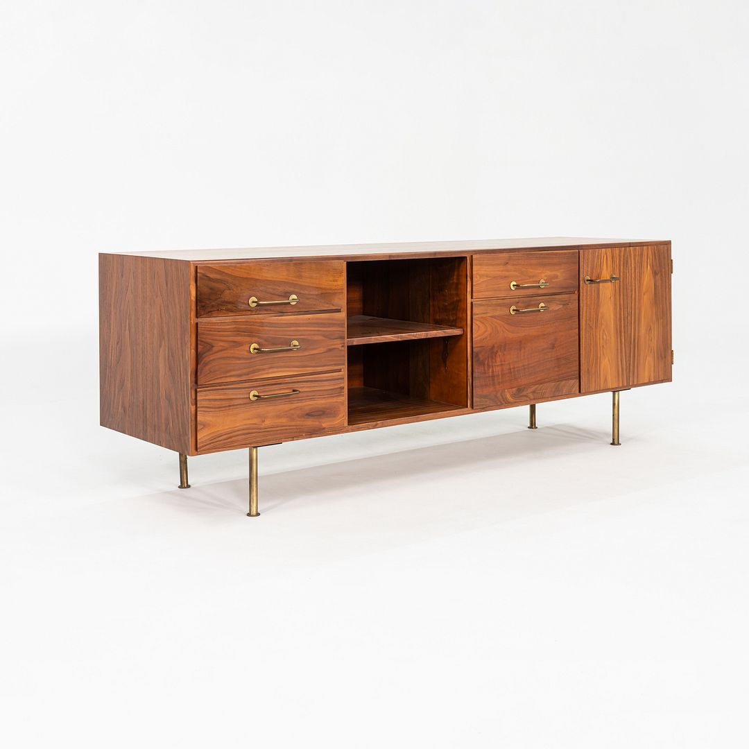 1970s Jens Risom Design 72 inch Credenza / Cabinet in Walnut and Brass