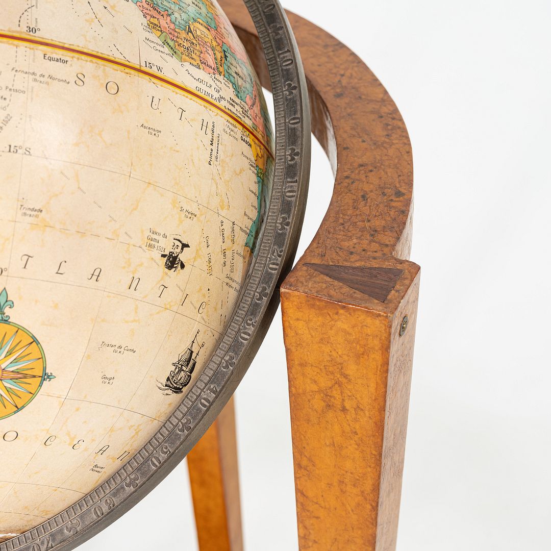 SOLD 1940s Replogle Globe Mounted on Classic Wooden Demilune Stand with Curved Base