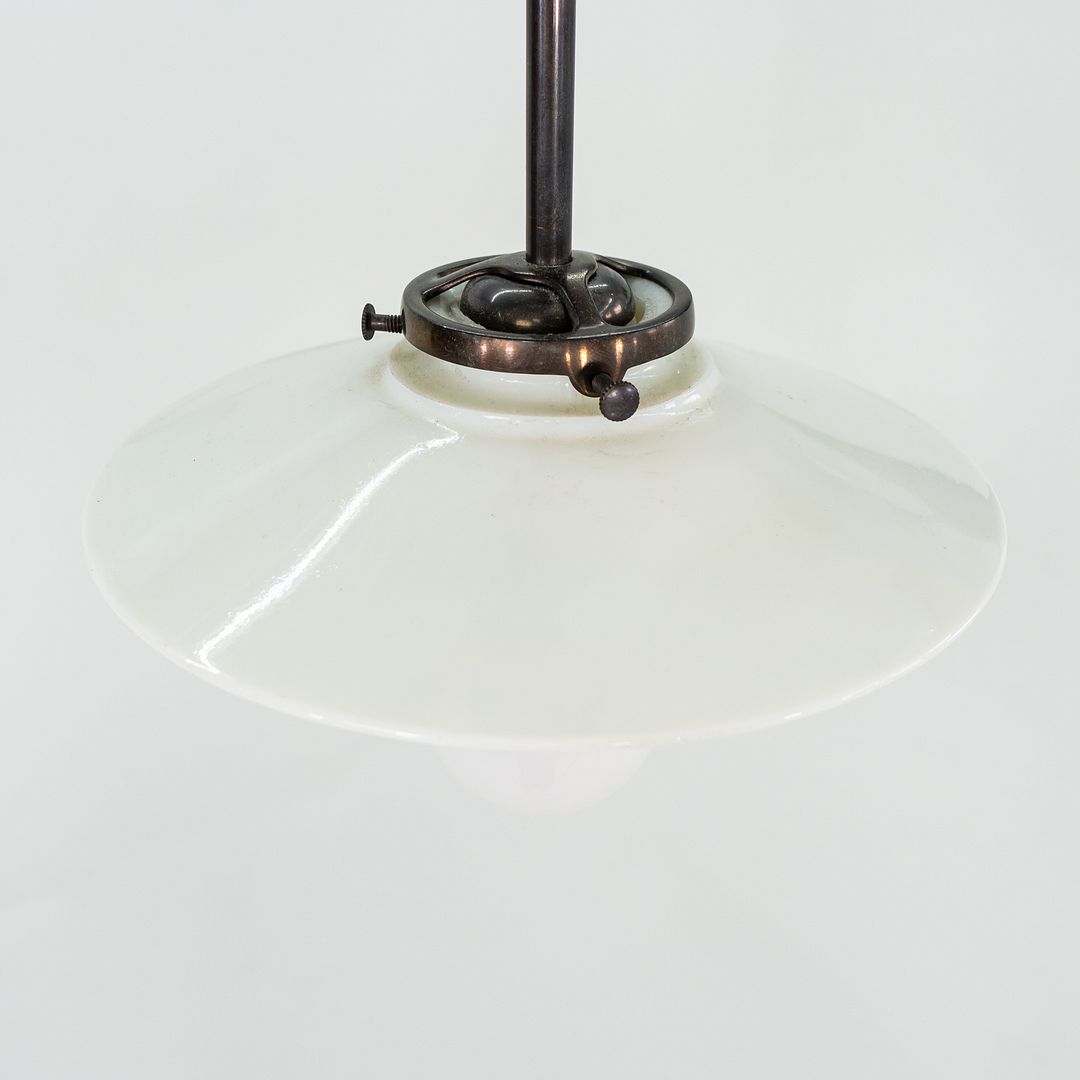 1930s Danish Opalescent Industrial Milk Glass Disc Pendant Lamp 7.75 Inches