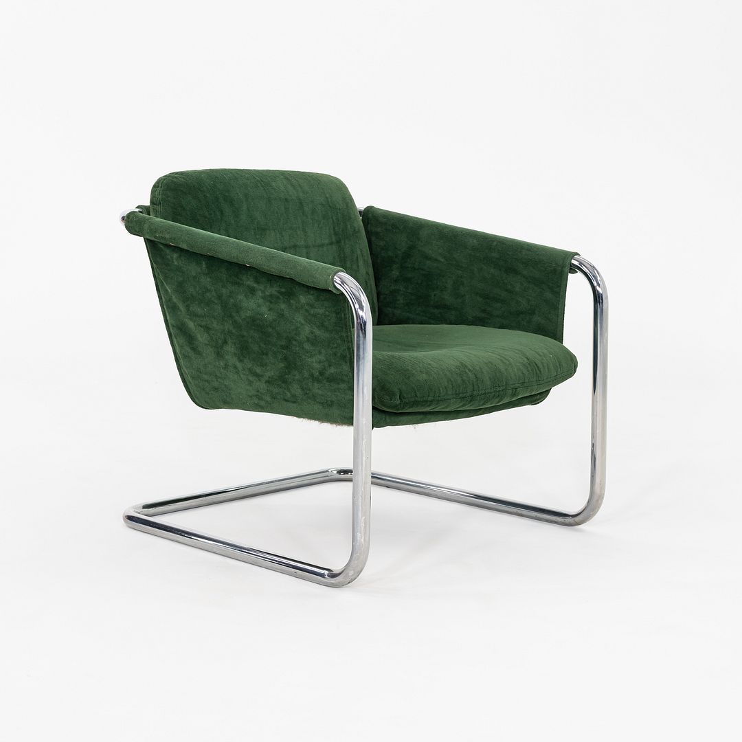 1970s Thonet Sling Lounge Chair Chromed Tubular Steel w/ Green Fabric Upholstery