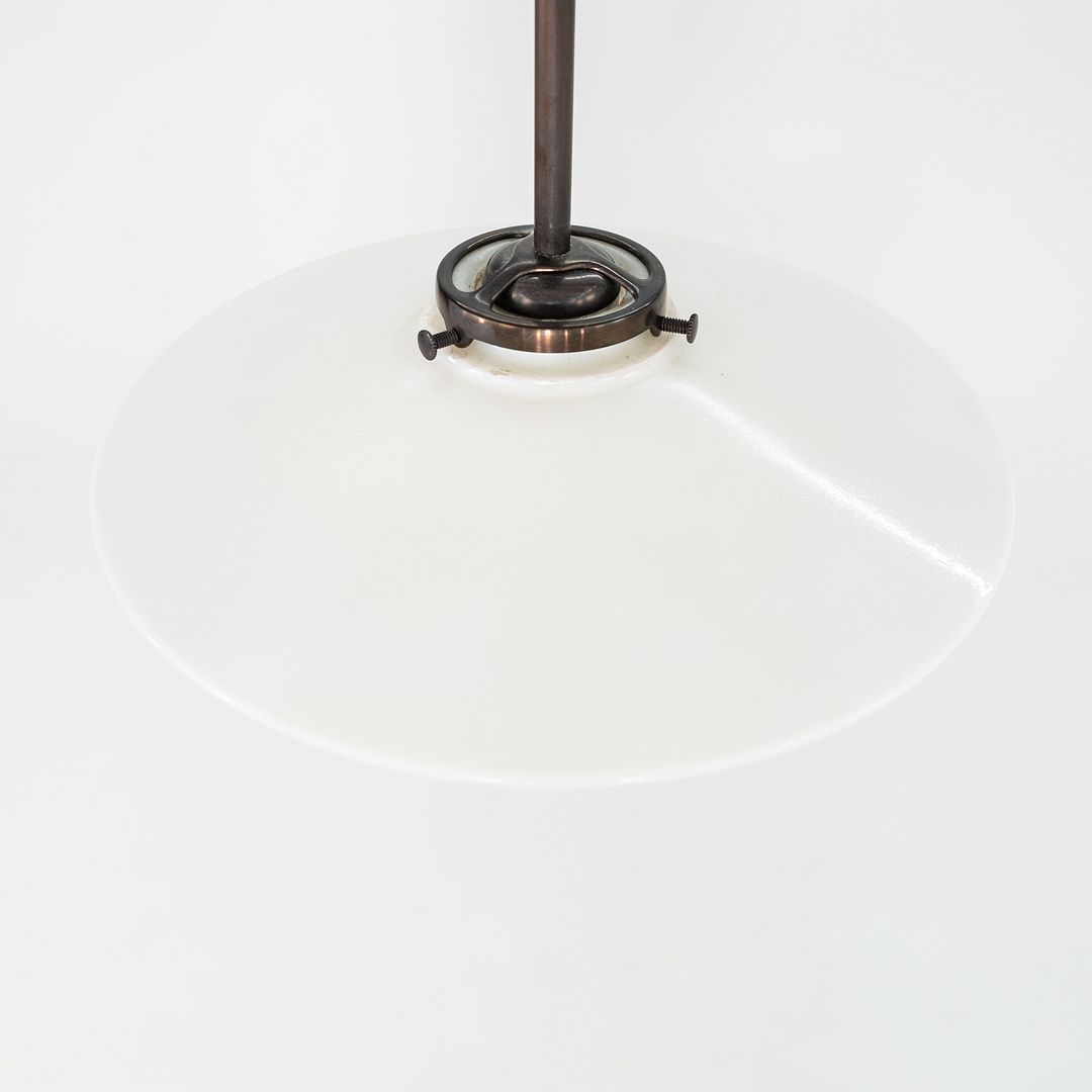 1930s Danish Opalescent Industrial Milk Glass Disc & Metal Pendant Lamp 8 Inches