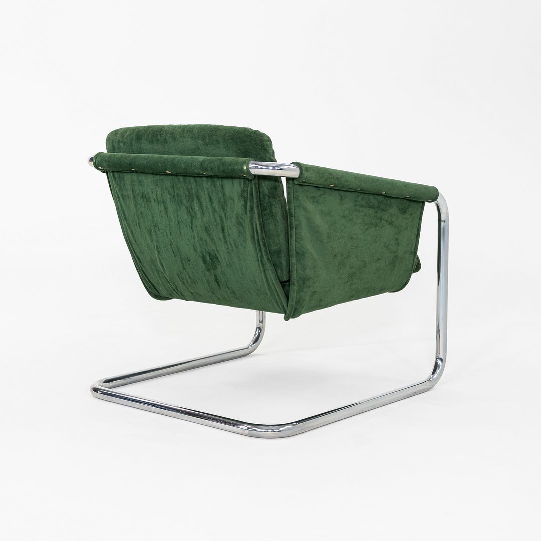1970s Thonet Sling Lounge Chair Chromed Tubular Steel w/ Green Fabric Upholstery