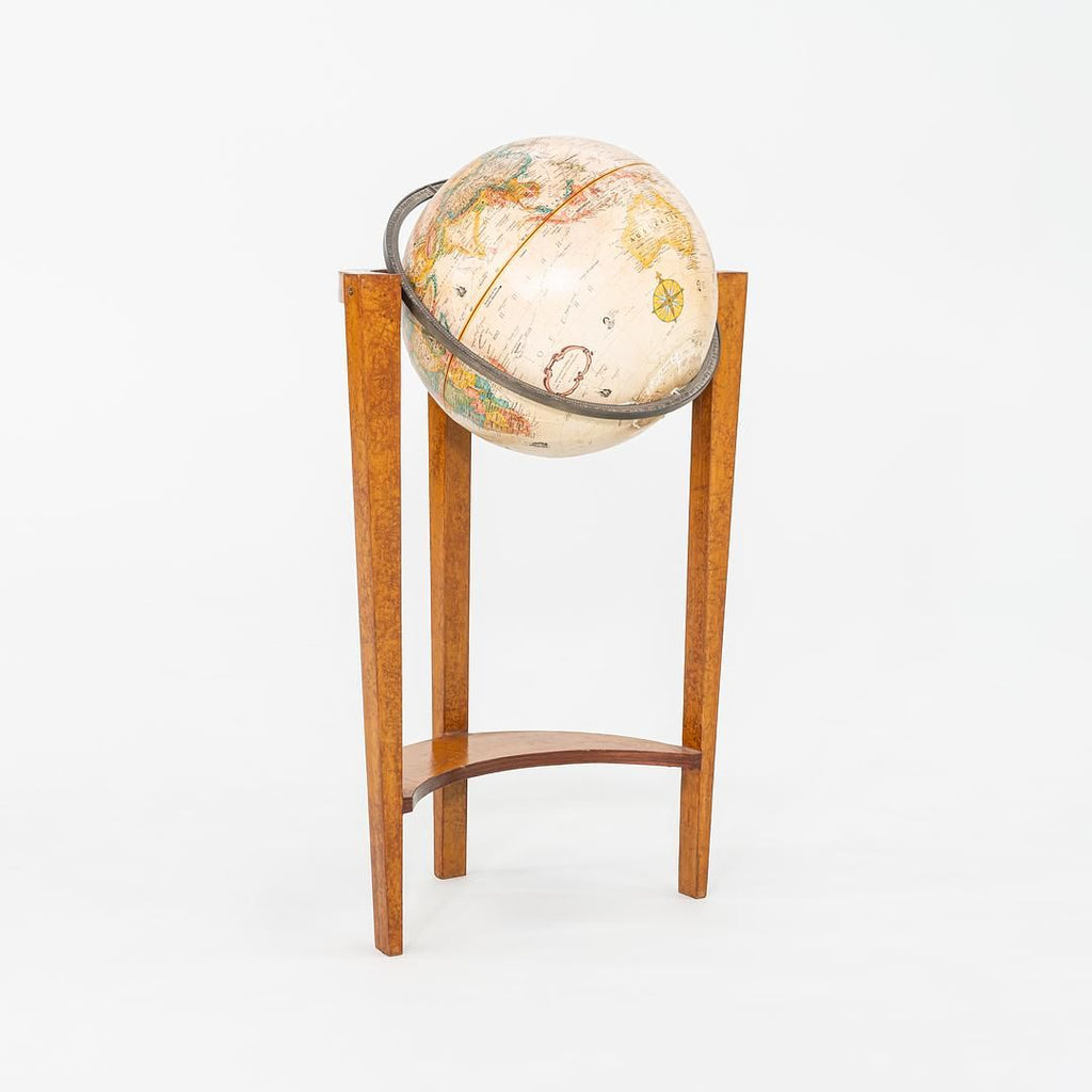 SOLD 1940s Replogle Globe Mounted on Classic Wooden Demilune Stand with Curved Base
