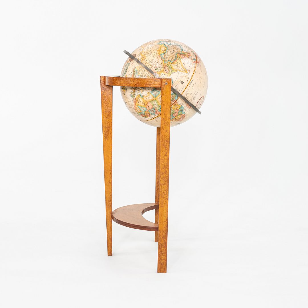 SOLD 1940s Replogle Globe Mounted on Classic Wooden Demilune Stand with Curved Base