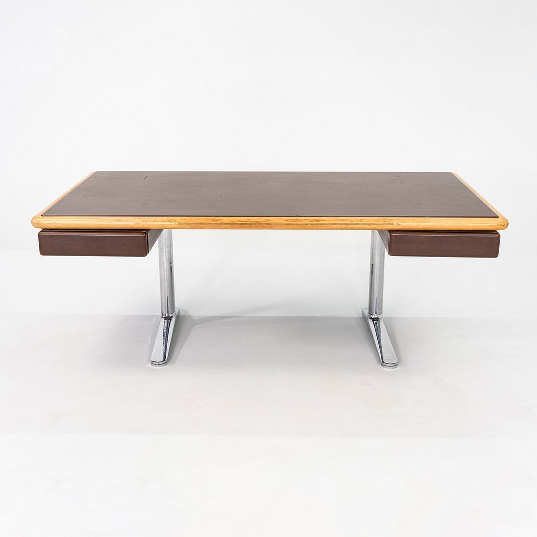 1979 Warren Platner for Knoll Executive Desk in Leather, Oak, and Chromed Steel