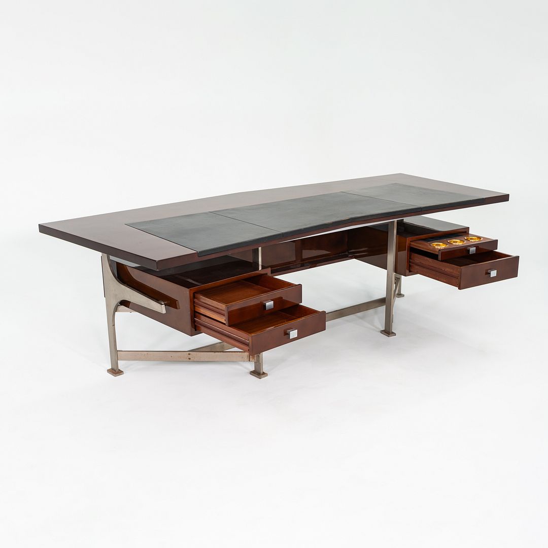 1960s Jules Leleu for Maison Leleu Executive Desk in Lacquered Wood & Stainless