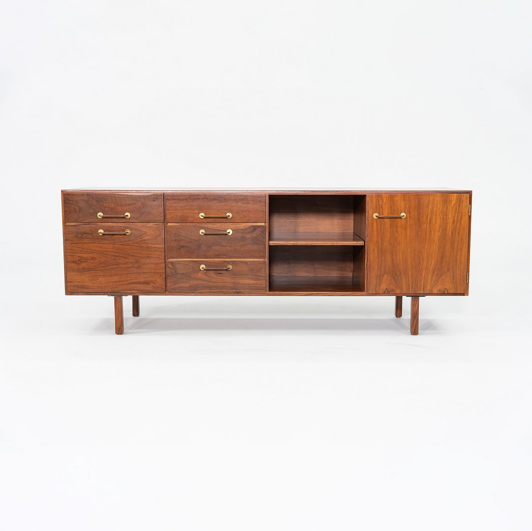 1970s Jens Risom Designs Credenza / Cabinet in Walnut and Brass 72x20 inches