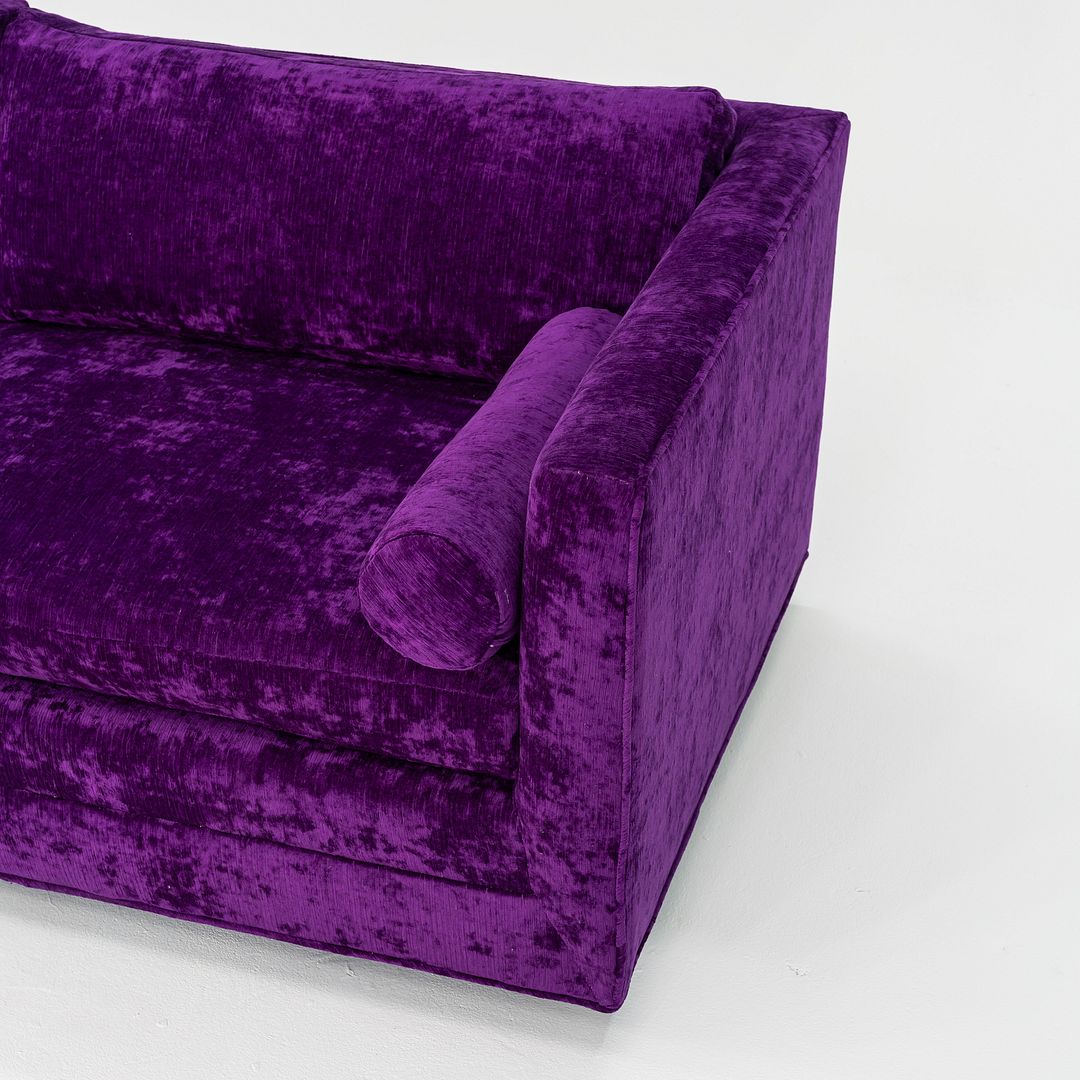 1970s Harvey Probber Attributed Tuxedo Sofa in Purple Velvet Upholstery 2x Avail
