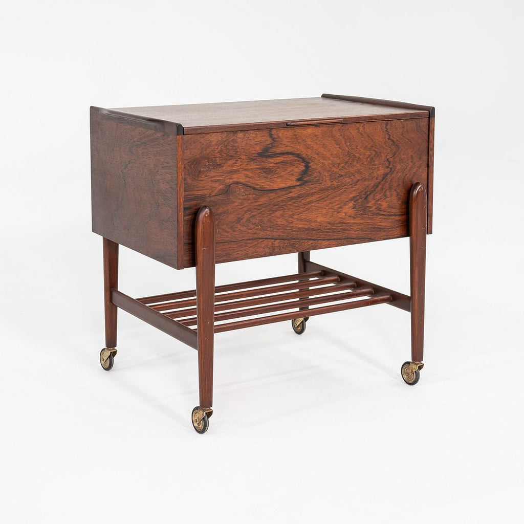 1960s Danish Rosewood Sewing Cart / Rolling Trolley with Hinged Lift-Top Storage