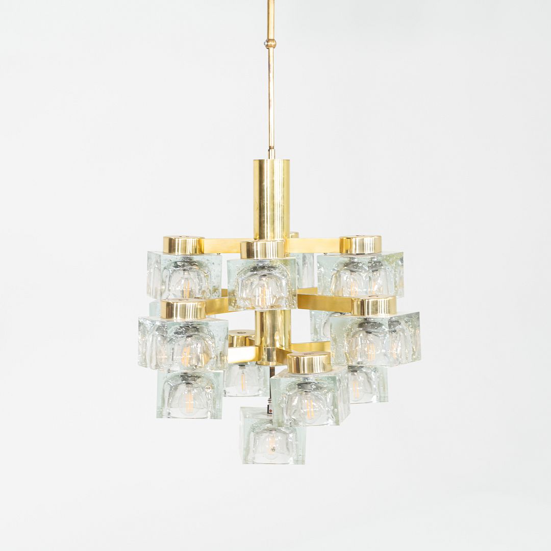 1970s Gaetano Sciolari for Lightolier Ice Cube Chandelier Glass & Brass 13 Bulbs