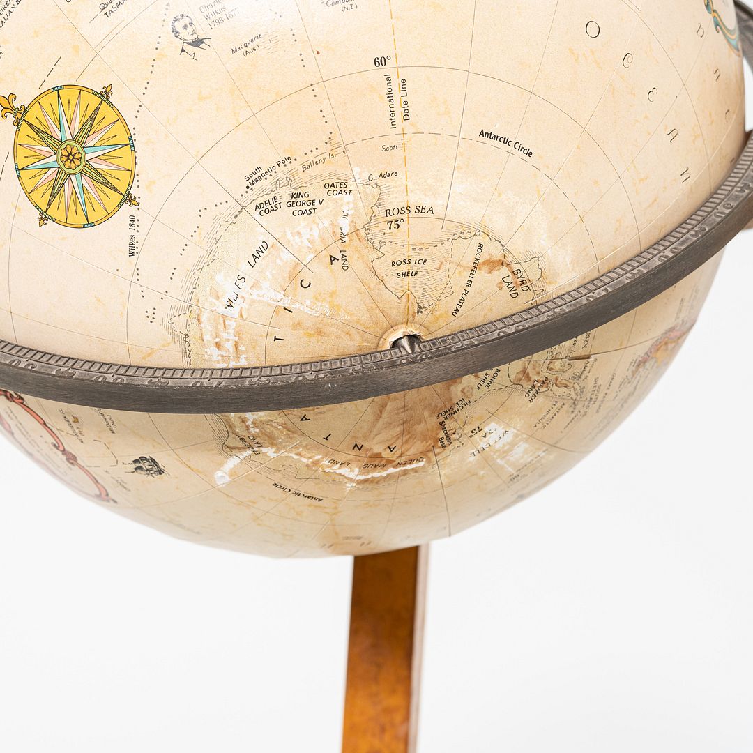 SOLD 1940s Replogle Globe Mounted on Classic Wooden Demilune Stand with Curved Base
