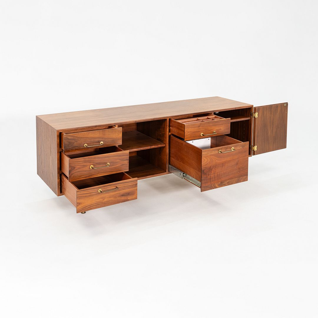 1970s Jens Risom Design 72 inch Credenza / Cabinet in Walnut and Brass