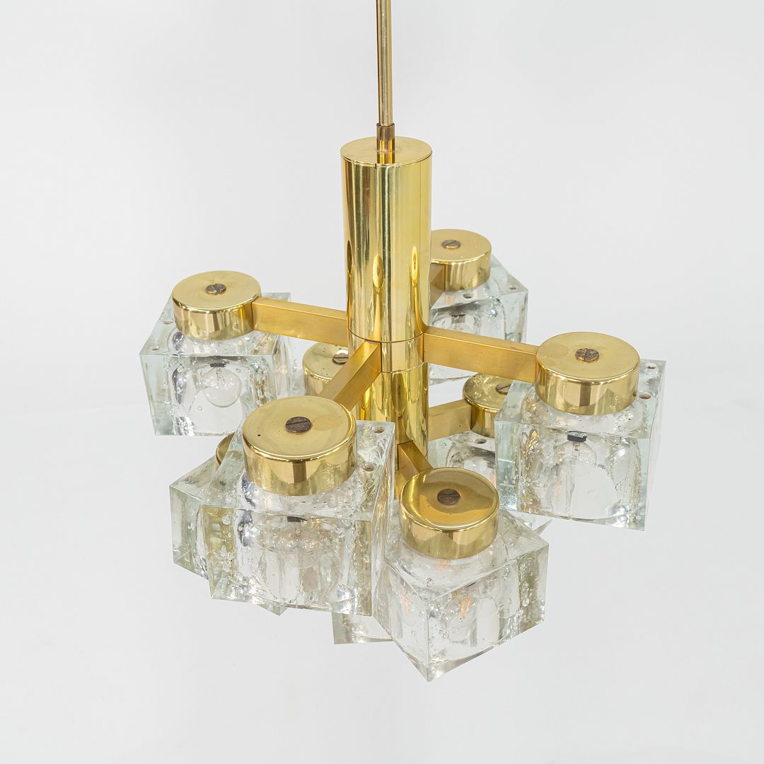 1970s Gaetano Sciolari for Lightolier Ice Cube Chandelier Glass & Brass 9 Bulbs