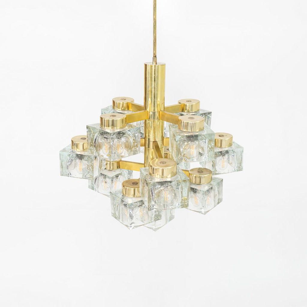 1970s Gaetano Sciolari for Lightolier Ice Cube Chandelier Glass & Brass 13 Bulbs