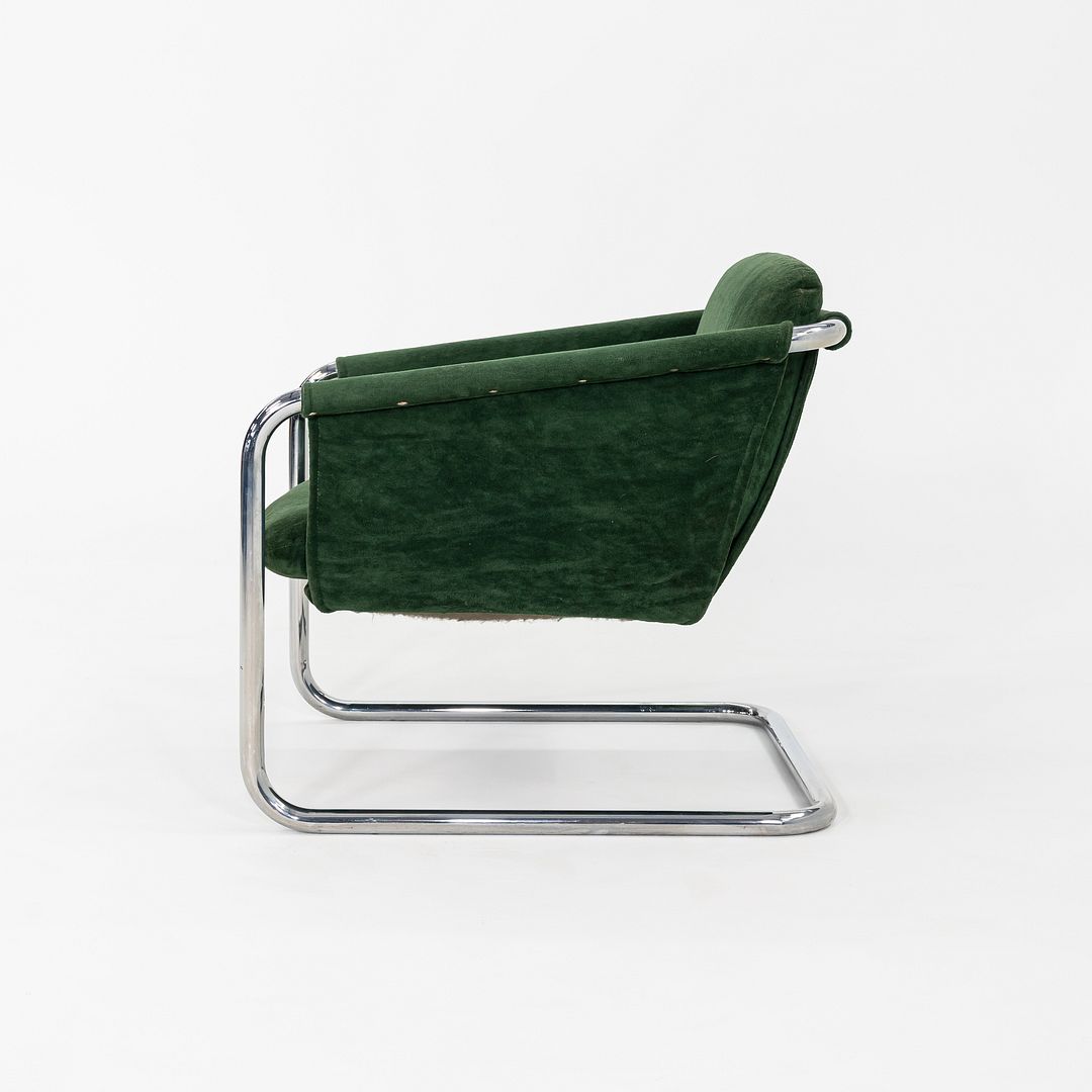 1970s Thonet Sling Lounge Chair Chromed Tubular Steel w/ Green Fabric Upholstery