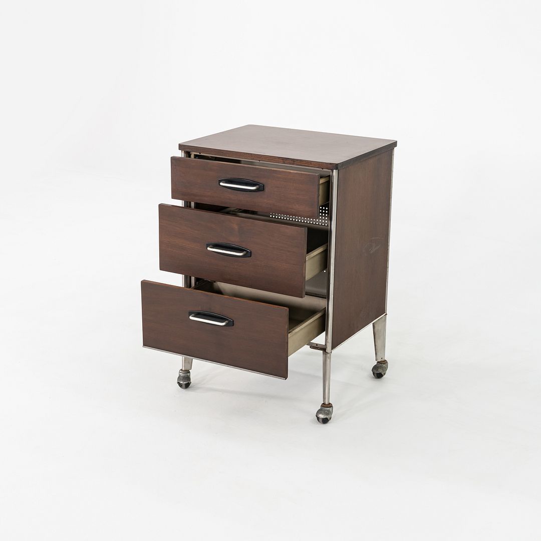 1950s Raymond Loewy for Hill Rom Rolling 3-Drawer Cabinet / Nightstand in Walnut